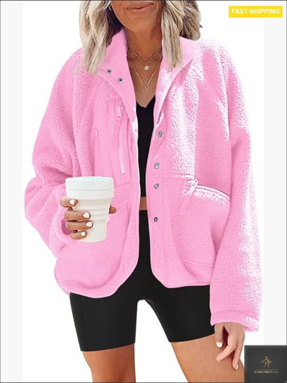 Fuzzy Fleece Jacket Button Down Sherpa Coat Casual Winter Warm Outwear with